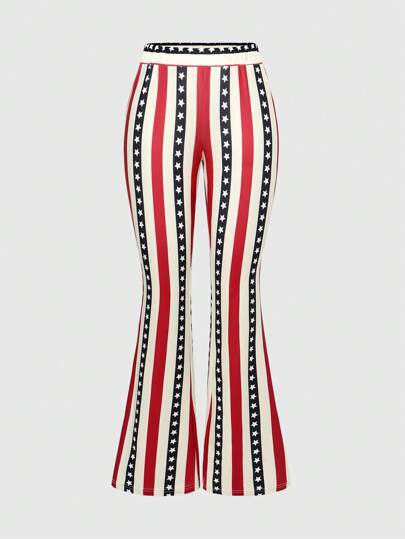 ROMWE Avant Pantalon évasé à imprimé d'étoiles contrastées rouge et bleu style vintage Y2K
