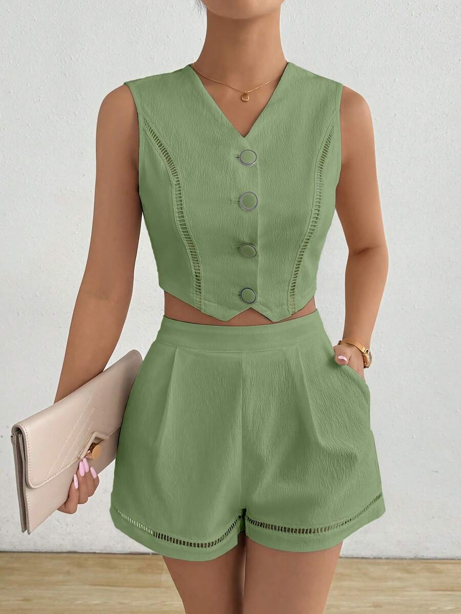 Chiquease 2 adet/takım Kadın Yaz Rahat Düz Renk Yelek Ve Şort Takımı - Nane yeşili - Görünüm 1