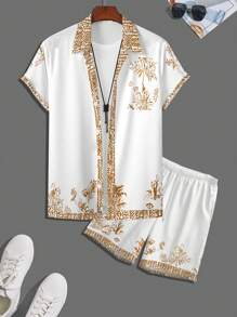 Manfinity RSRT Men's Summer Vacation Tropical Print Short Sleeve Shirt And Shorts Set Summer Two Pieces Set For Men - Multicolor - View 2