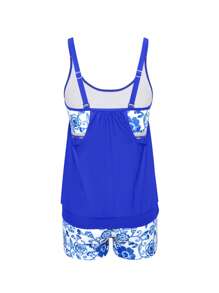 Swim Lushoire 2pcs Tankini Swimwear Bikini Set, Blue & Print Patchwork Cutout Design With All Over Print Board Shorts
