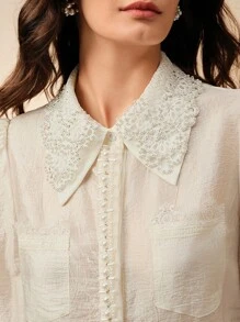 Anewsta Elegant Vacation Romantic Semi-Sheer Beaded Women Blouse, Spring/Summer - Beige - View 3