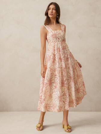 L'Amorae 优雅纹理花卉印花无袖褶饰长款太阳裙，女士夏季服装，女士早午餐服装，母亲节