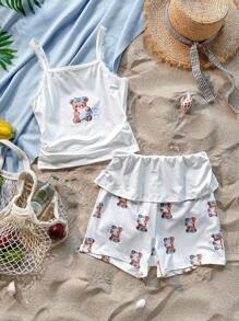 Set de 2 piezas de conjunto informal y elegante para adolescentes, adecuado para ocio interior y exterior en primavera y verano, incluye top de punto con estampado de oso y pantalones cortos