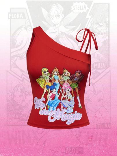 Winx Club X ROMWE Tie Shoulder Asymmetrical Neck Cute Cartoon Portrait Pattern Camisole