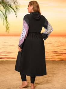 Swim Mulvari Traje de baño de una pieza con pantalón largo, estilo bohemio, de talla grande, con capucha, corte holgado y estilizador, con cremallera y estampado negro, un bañador modesto y de moda para la playa y resort