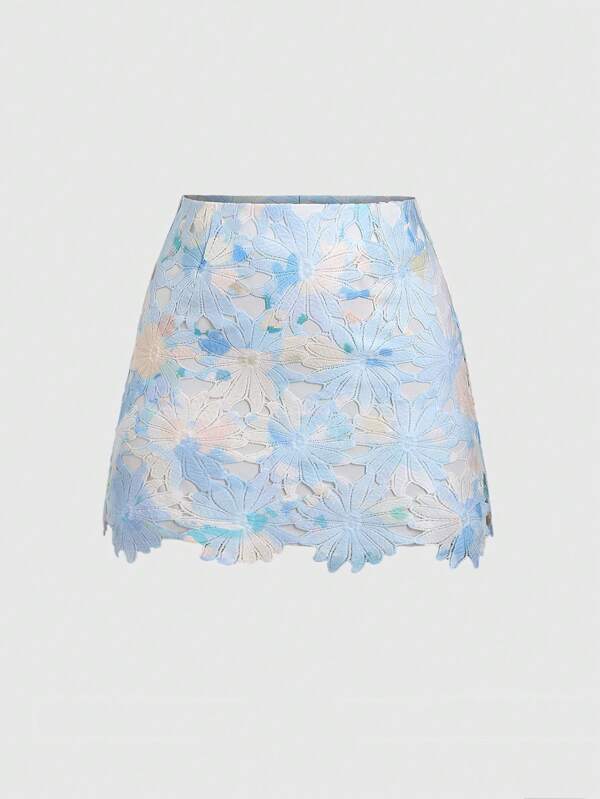 Sweetra Women's New Fashionable Floral Hollow-Out Print Mini Skirt, Lightweight Breezy For Summer Beach Party Dates Commute, Elegant & Sweet