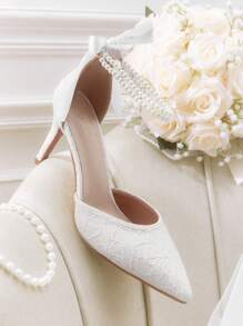 CUCCOO HITCHD Women's Pointed Toe High Heel White Lace Pearl Bow Elegant Dress Pumps, Hollow Out Shoes - White - View 3