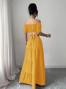 Rafferiza Casual - Vacation Casual Off The Shoulder Bow Back Dress - Yellow - View 2