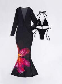 Swim SXY 3pcs Set Black Floral Halter Back Tie Bodycon Cover-Up Long Sleeve Casual Vacation Party Music Festival Sexy Bikini Swimwear Beach Outfit For Women - Black - View 7