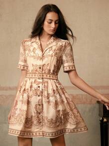 Anewsta Women's Elegant Beige Summer Vintage Floral Print V-Neck Beaded Single-Breasted Cinched Waist A-Line Dress,Tea Party Easter Festival Vacation - Mocha Brown - View 7