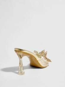 CUCCOO SZL Women Gold Pointed Toe PVC Floral Rhinestone Transparent Stiletto High Heel Slip-On Mules - Gold - View 11