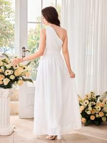 SHEIN Pitira Vestido largo elegante blanco para invitadas a bodas de adolescentes con cuello asimétrico, estilo vacacional