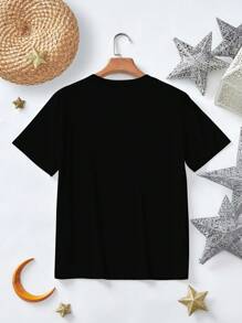 Mulvari Camiseta de mujer de cuello redondo de manga corta, versátil y casual, con estampado gráfico de bebida fresca, en color negro, adecuada para Pascua, uso diario, salidas, citas, ocio, fiestas y vacaciones. Parte superior de primavera, primavera/verano