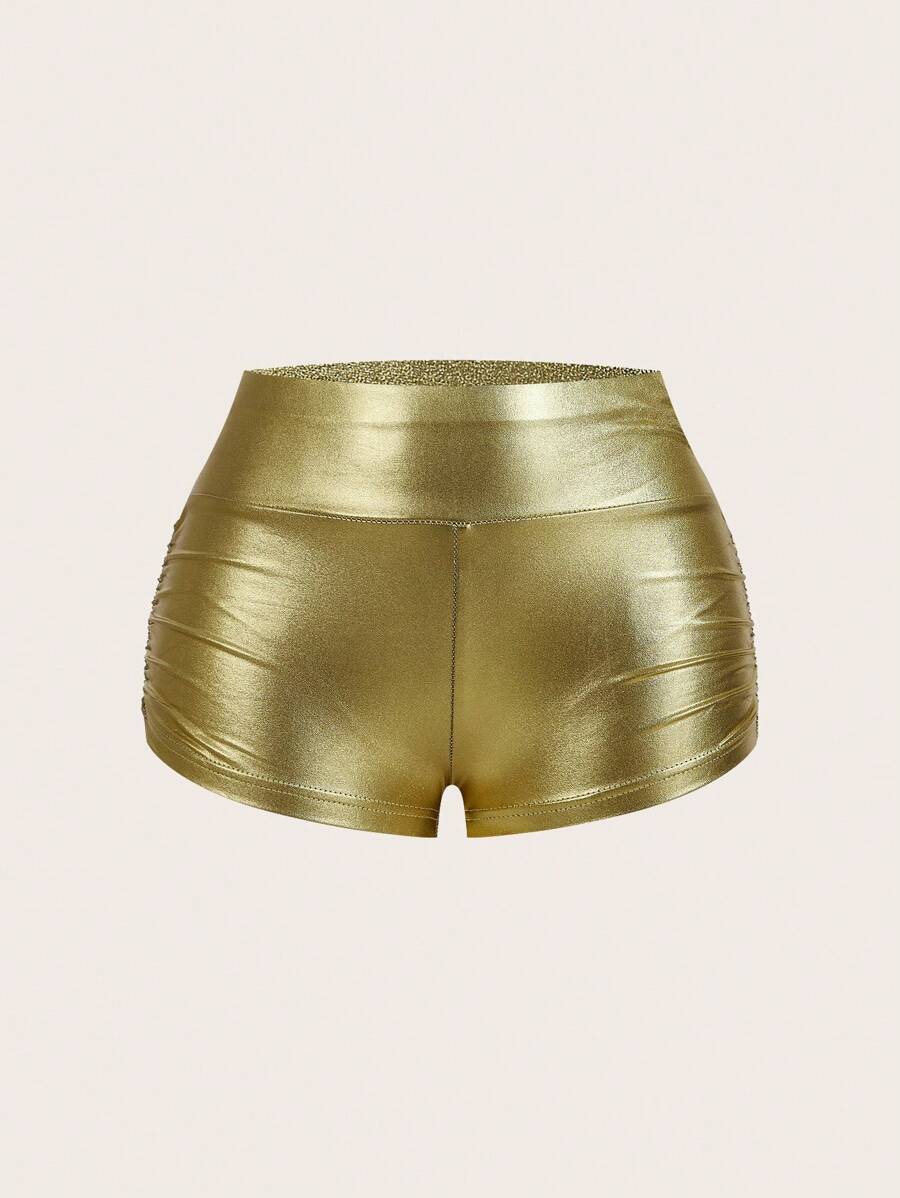 SHEIN EZwear 女士纯色紧身裤，夏季时尚 - 金色 - 查看 1