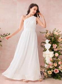 SHEIN Pitira Vestido largo elegante blanco para invitadas a bodas de adolescentes con cuello asimétrico, estilo vacacional