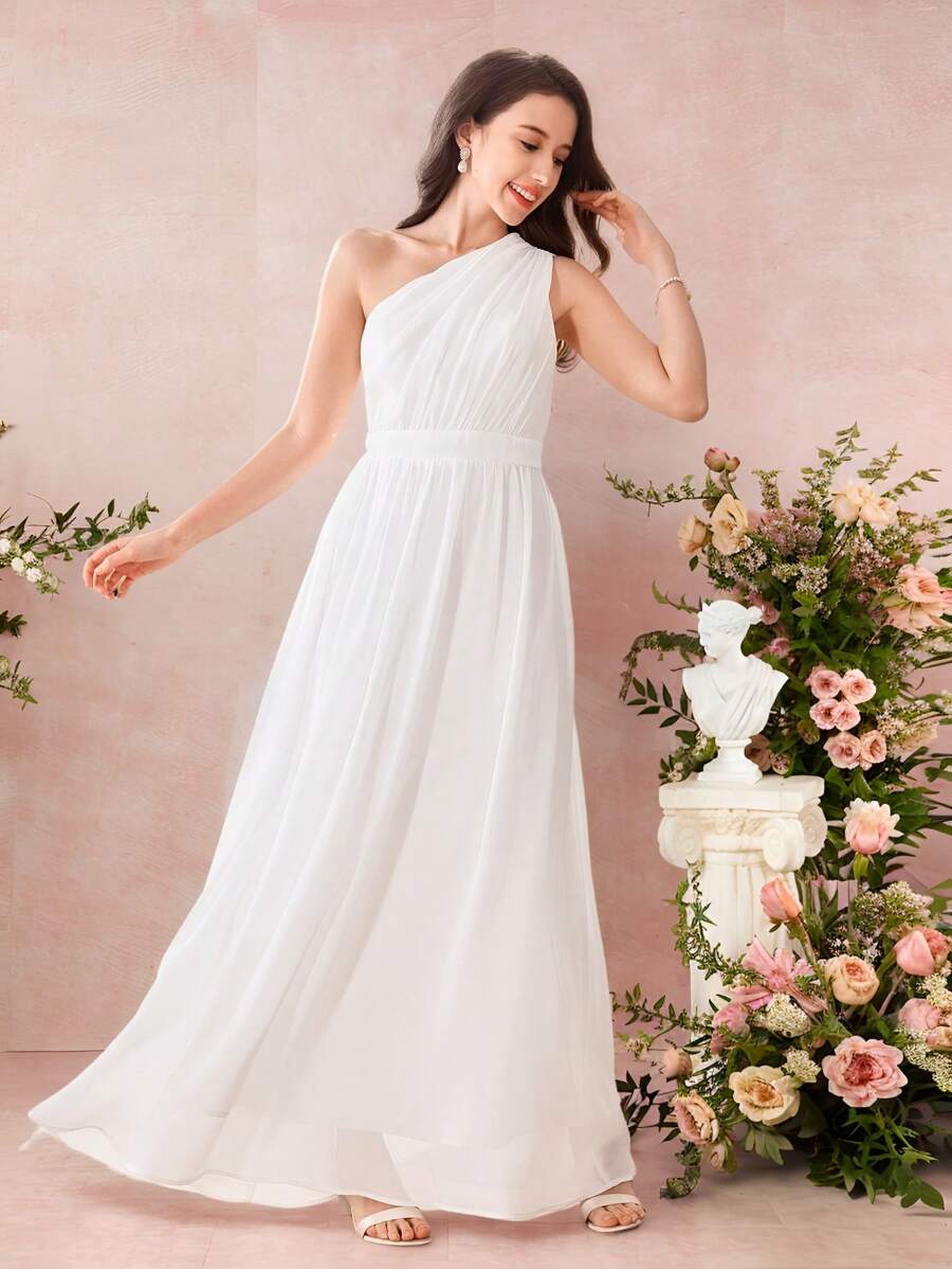 SHEIN Pitira Vestido largo elegante blanco para invitadas a bodas de adolescentes con cuello asimétrico, estilo vacacional
