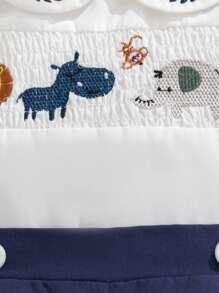 Souflis Baby Boy Infant Animal Embroidery Cute Collar Top And Contrast Shorts 2 Pieces Outfit Set, Suitable For Outdoor Wear In Summer