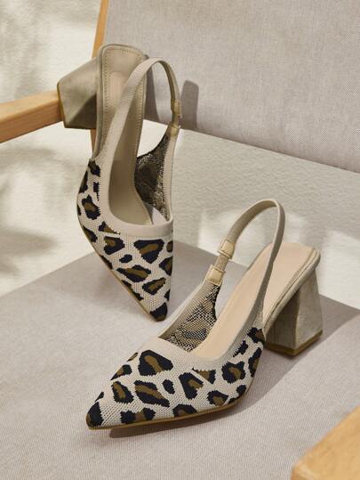 CUCCOO BASICS Zapatos casuales de estilo viajero con tacón ancho, punta puntiaguda y tira trasera, hechos de piel de imitación con estampado de leopardo, aptos para citas, fiestas y vacaciones