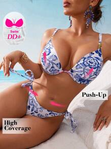 Swim DD+ DD+ Push-Up Padded Underwire Bikini Set For Vacation For Summer - Blue and White - View 5