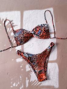 Swim Vcay Women's Swimwear Set, Random Leopard Print Patchwork Halter Bikini Set, Summer Beach - Multicolor - View 1