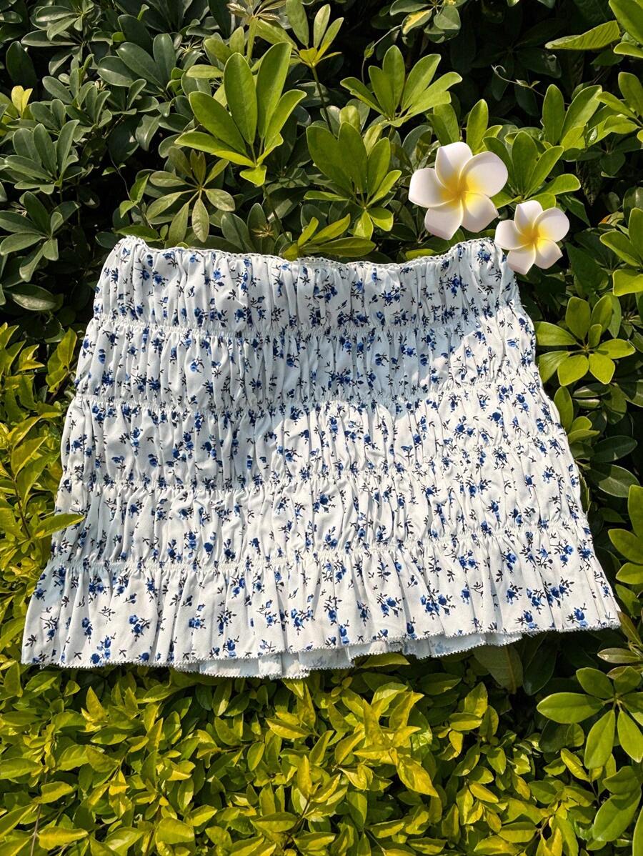 Comfortcana Women's Boho Shirred Ditsy Floral Mini Skirt: White Woven Fabric With Blue Flowers, Perfect For Summer