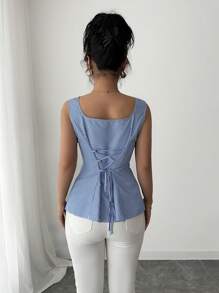 Elenzga Camisa sin mangas elegante con cuello cuadrado, cintura atada y rayas para el verano 2025