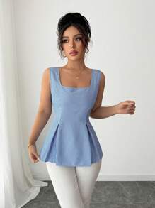 Elenzga Camisa sin mangas elegante con cuello cuadrado, cintura atada y rayas para el verano 2025