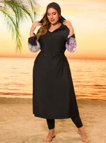 Swim Mulvari Traje de baño de una pieza con pantalón largo, estilo bohemio, de talla grande, con capucha, corte holgado y estilizador, con cremallera y estampado negro, un bañador modesto y de moda para la playa y resort