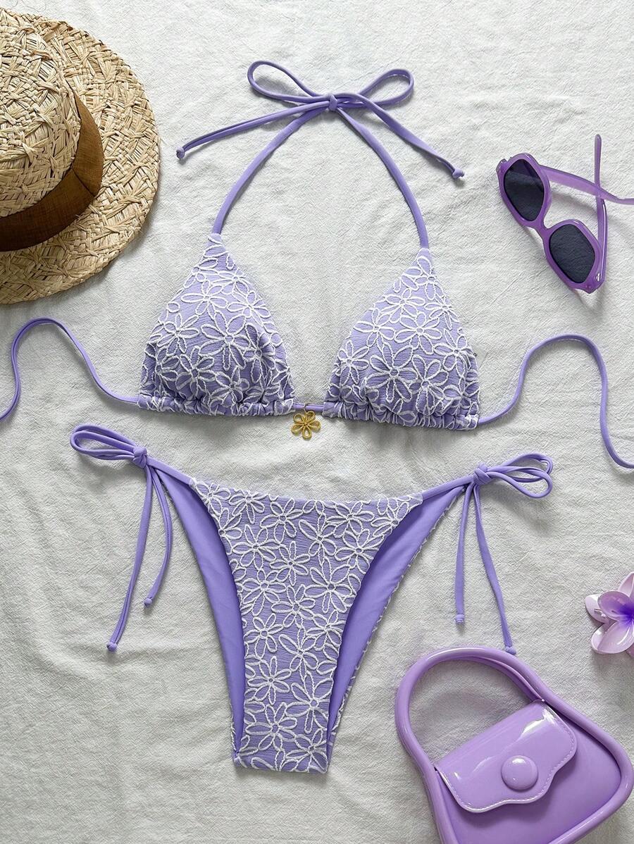 Swim Mod Textured Halter Strap Triangle Spaghetti Strap Bikini Set With Side Tie Swim Trunks For Summer Beach Vacation - Purple - View 1