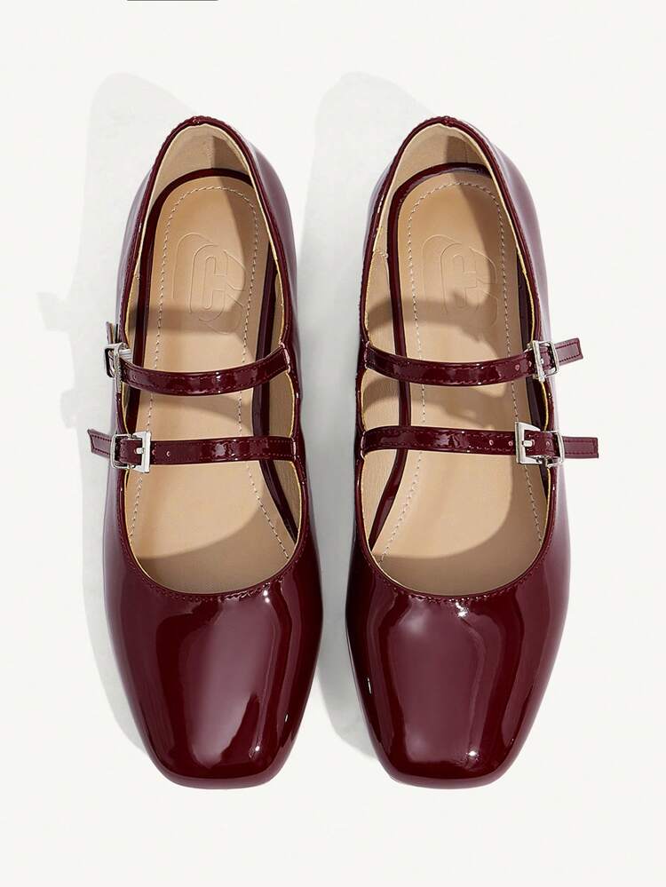 CUCCOO DOLLMOD Shiny Burgundy Patent Leather Mary Jane Flat Square Toe Shoes, For Women And Kids