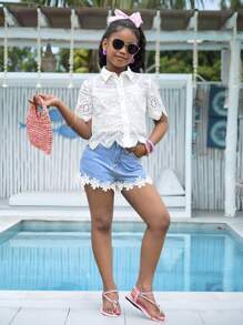 SHEIN LMoss Kids 少女度假休闲刺绣短袖衬衫 - 白色 - 查看 6