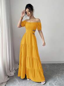 Rafferiza Casual - Vacation Casual Off The Shoulder Bow Back Dress - Yellow - View 6