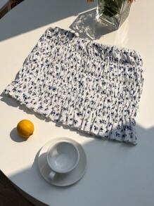 Comfortcana Women's Boho Shirred Ditsy Floral Mini Skirt: White Woven Fabric With Blue Flowers, Perfect For Summer