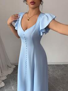 Chiquease 2025 New Spring/Summer Blue Cap Sleeve French Niche Stylish Sweetheart Neck Fitted Slim Dress, Suitable For Date, Vacation