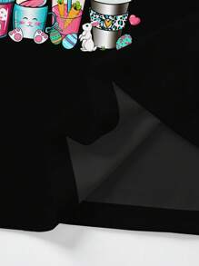 Mulvari Camiseta de mujer de cuello redondo de manga corta, versátil y casual, con estampado gráfico de bebida fresca, en color negro, adecuada para Pascua, uso diario, salidas, citas, ocio, fiestas y vacaciones. Parte superior de primavera, primavera/verano