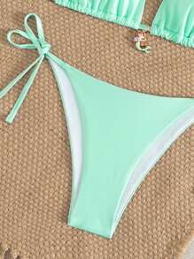SHEIN Swim 纯色锡箔边美人鱼印花三角比基尼泳装套装 - 薄荷綠 - 查看 8
