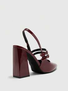 CUCCOO BIZCHIC Burgundy Pointed Toe Thick Heeled Strap Women Casual Shoes, Simple Basic Commute, Date, Party, Holiday For Christmas Spring Shoes - Burgundy - View 8