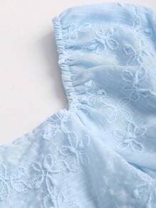 Sweetra Frenchcore 甜美娇小清新粉色刺绣荷叶边 A 字短袖女衬衫，春夏 - 藍色 - 查看 4