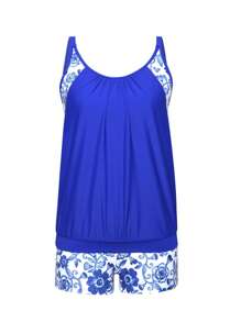 Swim Lushoire 2pcs Tankini Swimwear Bikini Set, Blue & Print Patchwork Cutout Design With All Over Print Board Shorts