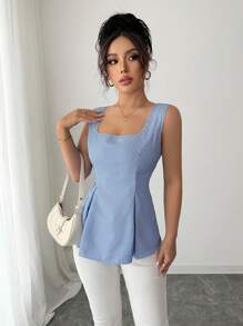 Elenzga Camisa sin mangas elegante con cuello cuadrado, cintura atada y rayas para el verano 2025