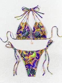 Swim Vcay Beach Outfits For Women: Strappy Neck Halter Printed Sexy Bikini Swimsuit Set For Summer Beach Vacation - Multicolor - View 5
