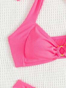 SHEIN Swim 夏季海滩女士纯色吊带胸罩和泳裤比基尼套装泳衣棕色比基尼两件套比基尼 - 粉色 - 查看 4
