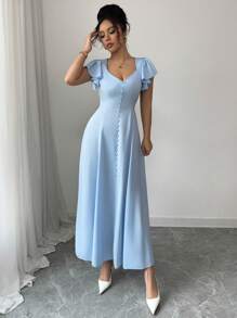 Chiquease 2025 New Spring/Summer Blue Cap Sleeve French Niche Stylish Sweetheart Neck Fitted Slim Dress, Suitable For Date, Vacation