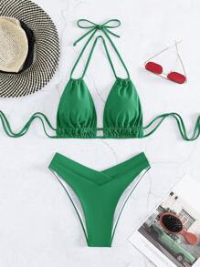 Swim Vcay Solid Color Bikini Set For Beach/Resort For Summer Beach Vacation - Green - View 4