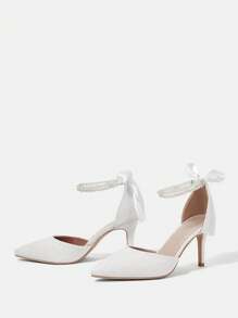 CUCCOO HITCHD Women's Pointed Toe High Heel White Lace Pearl Bow Elegant Dress Pumps, Hollow Out Shoes - White - View 6