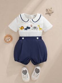 Souflis Baby Boy Infant Animal Embroidery Cute Collar Top And Contrast Shorts 2 Pieces Outfit Set, Suitable For Outdoor Wear In Summer