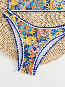 Swim Vcay Set de bikini de 2 piezas con estampado floral de conchas y tiras en los hombros para mujer, parte superior con nudo adelante y Bottom triangular, traje de baño de verano para la playa - Multicolor - Ver 8