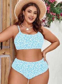 Swim Mod Ensemble de bikini à fines bretelles avec imprimé aléatoire mode décontracté pour vacances, tailles grandes