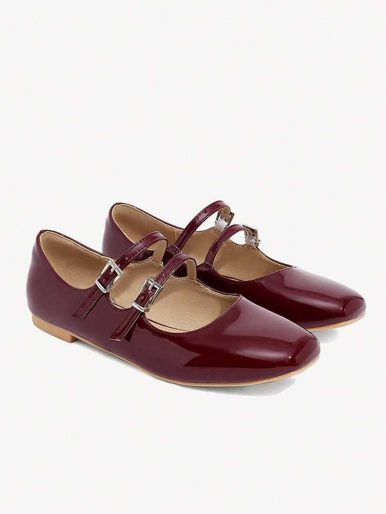 CUCCOO DOLLMOD Shiny Burgundy Patent Leather Mary Jane Flat Square Toe Shoes, For Women And Kids