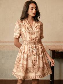 Anewsta Women's Elegant Beige Summer Vintage Floral Print V-Neck Beaded Single-Breasted Cinched Waist A-Line Dress,Tea Party Easter Festival Vacation - Mocha Brown - View 4